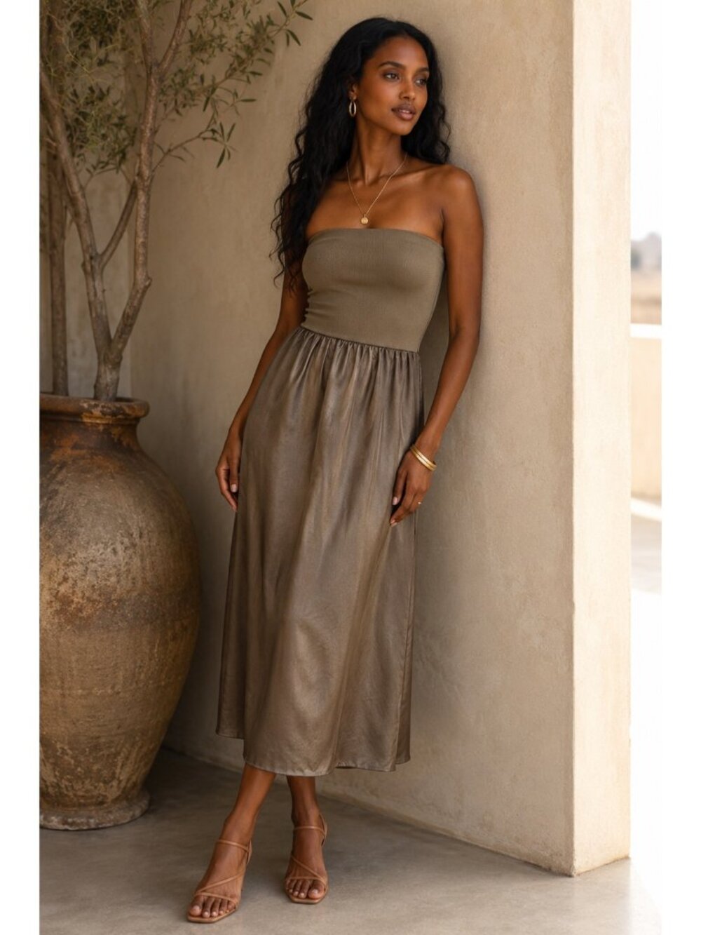 Michael Stars Strapless Tube Dress Small Olive Green Metallic Midi USA Stretch